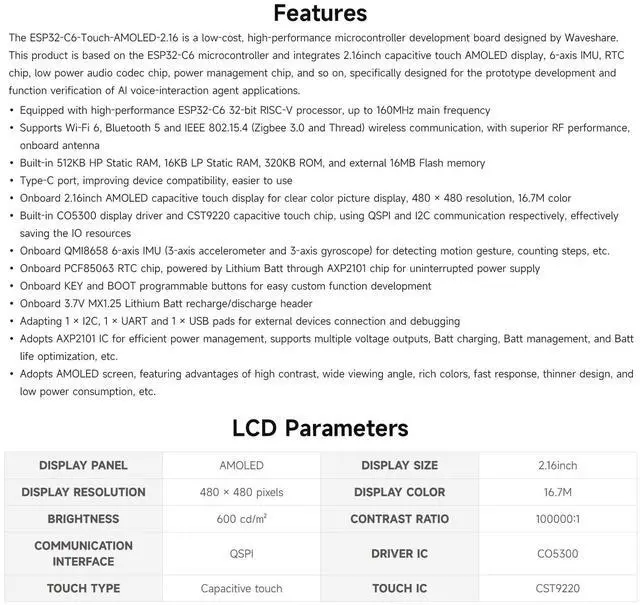 Alt view image 4 of 7 - ESP32-C6 2.16inch AMOLED Display Touch Screen Development Board, 480 × 480 Resolution, 16.7M Color, Supports Dual Microphones, Wi-Fi 6 and BLE 5