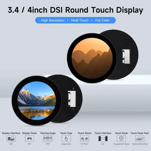 Alt view image 3 of 7 - 3.4inch DSI Round Capacitive Touch Display, 800 × 800 Resolution, IPS Display Panel, 10-Point Touch