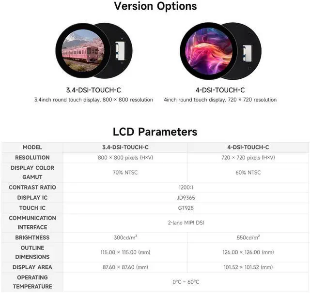 Alt view image 4 of 7 - 3.4inch DSI Round Capacitive Touch Display, 800 × 800 Resolution, IPS Display Panel, 10-Point Touch