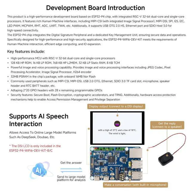 Alt view image 5 of 7 - ESP32-P4-WIFI6-DEV-KIT High-Performance Development Board, Based on ESP32-P4 & ESP32-C6, Supports Wi-Fi 6, Bluetooth 5 & BLE 5, Bundle with Board and Speaker