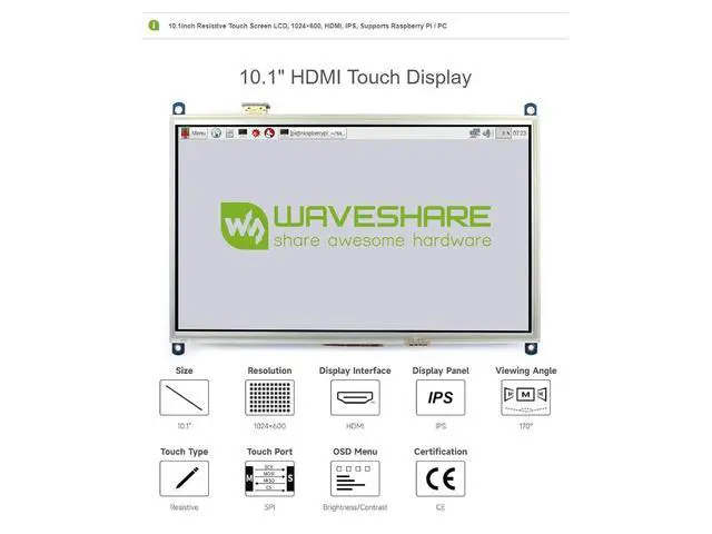 Alt view image 3 of 7 - 10.1inch Resistive Touch Screen LCD Compatible with 4B/3B+/3A+/2B/B+/A+/Zero/Zero W/WH/Zero 2W CM3+/4 1024×600 Resolution HDMI IPS Supports Windows