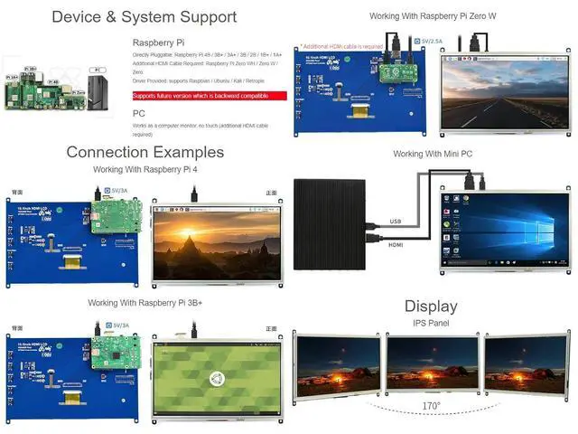 Alt view image 4 of 7 - 10.1inch Resistive Touch Screen LCD Compatible with 4B/3B+/3A+/2B/B+/A+/Zero/Zero W/WH/Zero 2W CM3+/4 1024×600 Resolution HDMI IPS Supports Windows