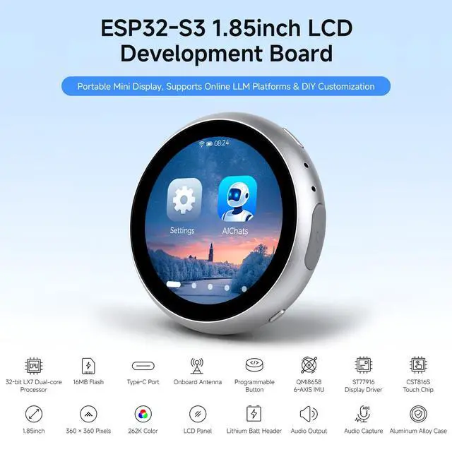 Alt view image 3 of 7 - ESP32-S3 1.85inch LCD Capacitive Touch Display Development Board, 360×360, CNC-machined Aluminum Alloy Case, Supports Online LLM Platforms & DIY Customization