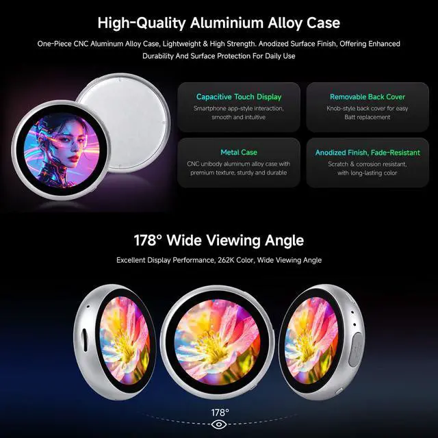Alt view image 5 of 7 - ESP32-S3 1.85inch LCD Capacitive Touch Display Development Board, 360×360, CNC-machined Aluminum Alloy Case, Supports Online LLM Platforms & DIY Customization