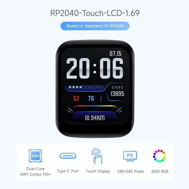Alt view image 3 of 7 - RP2040 Microcontroller Development Board 1.69inch Touch LCD, Based on RP2040, Rounded Corners, Dual-core Arm Processor, 16MB Flash, Accelerometer and Gyroscope Sensor