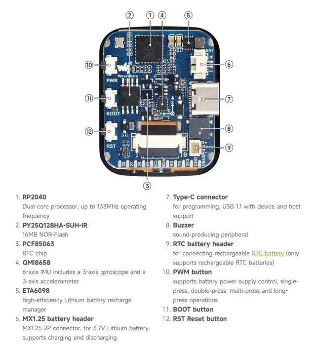 Alt view image 7 of 7 - RP2040 Microcontroller Development Board 1.69inch Touch LCD, Based on RP2040, Rounded Corners, Dual-core Arm Processor, 16MB Flash, Accelerometer and Gyroscope Sensor