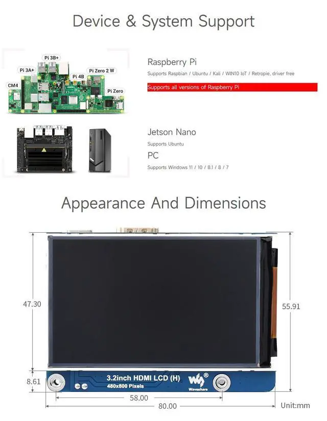 Alt view image 4 of 6 - 3.2inch HDMI IPS LCD Display Compatible with 4B/3B+/3A+/2B/B+/A+/Zero/Zero W/WH/Zero 2W CM3+/4 Series Boards 480×800 Resolution No Touch Supports Jerson Nano/Windows