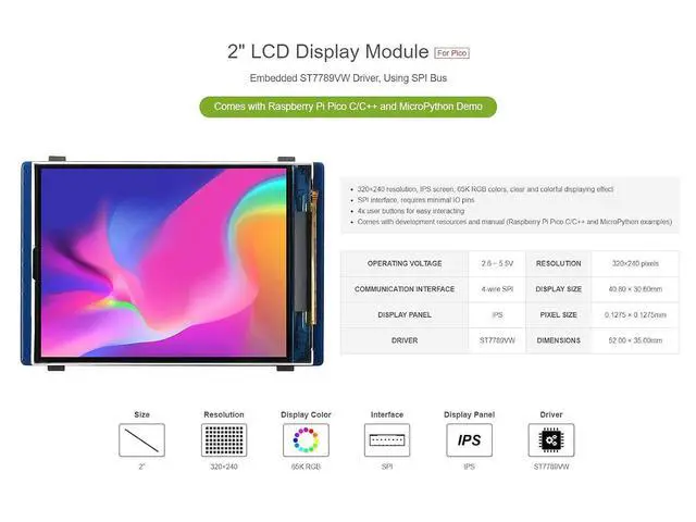 Alt view image 3 of 5 - 2inch LCD Display Module for Pico 320×240 Pixels 65K RGB Colors Embedded ST7789VW Driver with SPI Interface