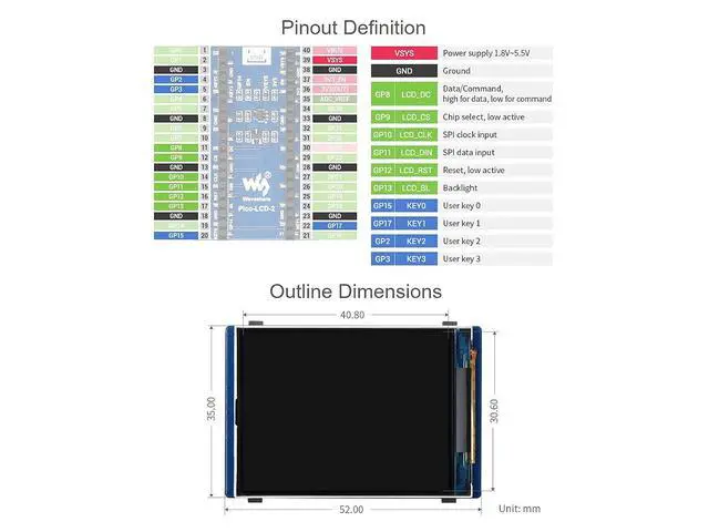 Alt view image 5 of 5 - 2inch LCD Display Module for Pico 320×240 Pixels 65K RGB Colors Embedded ST7789VW Driver with SPI Interface