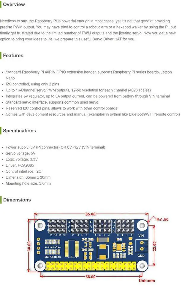 Alt view image 3 of 7 - Servo Driver Hat for 3B+ 3B 2B Zero WH Zero W Zero 16 Channel PWM Outputs 12 Bit Resolution I2C Interface