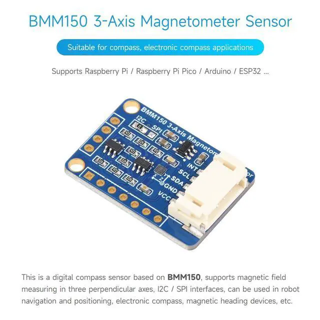 Alt view image 4 of 7 - BMM150 3-Axis Magnetometer Sensor, Compatible with 5/4B/3B/Zero/Zero W/Zero 2W/Pico/Pico W/Pico WH, Digital Compass Sensor, Magnetic Field Measurement