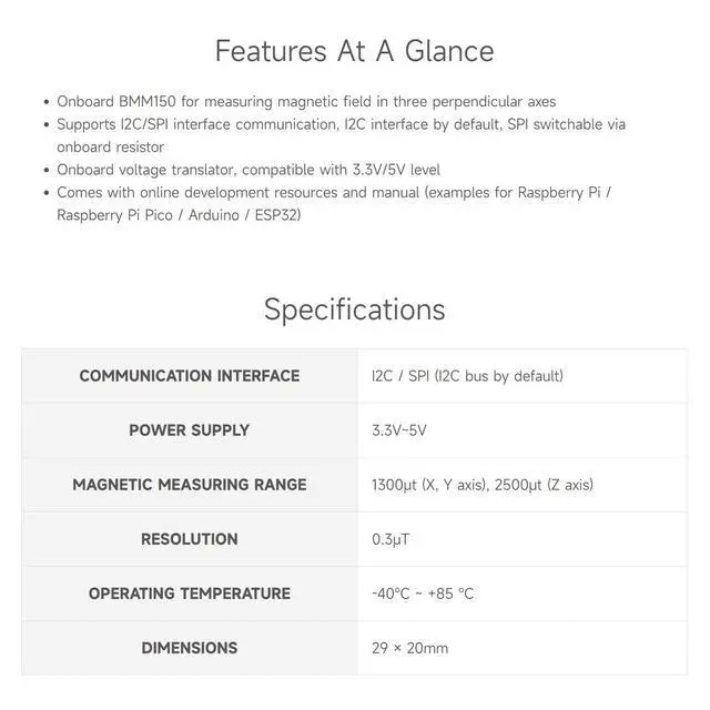 Alt view image 5 of 7 - BMM150 3-Axis Magnetometer Sensor, Compatible with 5/4B/3B/Zero/Zero W/Zero 2W/Pico/Pico W/Pico WH, Digital Compass Sensor, Magnetic Field Measurement