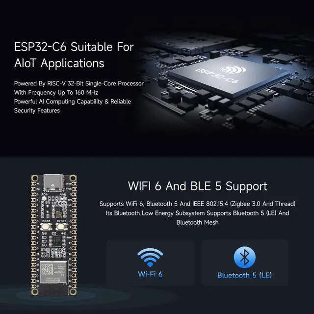 Alt view image 6 of 7 - ESP32-C6 Microcontroller, WiFi 6 Development Board, 160MHz Single-Core Processor, ESP32-C6-MINI-1 Module, with Pre-soldered Header