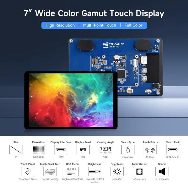 Alt view image 3 of 7 - 7inch Wide Color Gamut Capacitive Touch Display, Compatible with 5/4B/3B/Zero/Zero W/Zero 2W/Pico/Pico, Supports Windows 11/10/8.1/8/7 and Jetson Nano/TX2/Xavier N/Orin