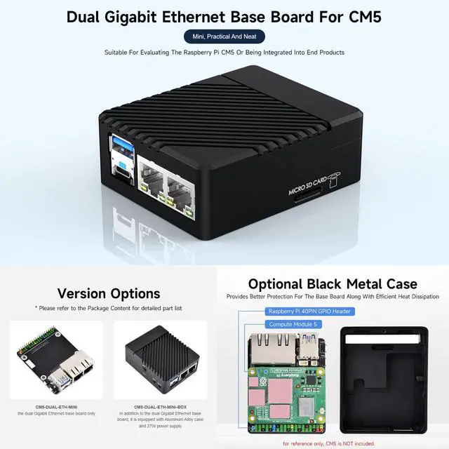 Alt view image 3 of 7 - Mini Dual Gigabit Ethernet Base Board, Mini-Computer Kit, Compatible with Compute Module 5 (NOT Included), for All Variants of CM5, Comes with Case and Power Supply