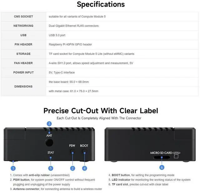 Alt view image 5 of 7 - Mini Dual Gigabit Ethernet Base Board, Mini-Computer Kit, Compatible with Compute Module 5 (NOT Included), for All Variants of CM5, Comes with Case and Power Supply