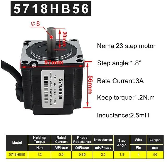 Alt view image 6 of 6 - 57BYG Stepper Motor 56mm 2 Phase 1.8 Degree 3A 1.2N.m Hybrid Driver Motor Nema 23 Step Motor