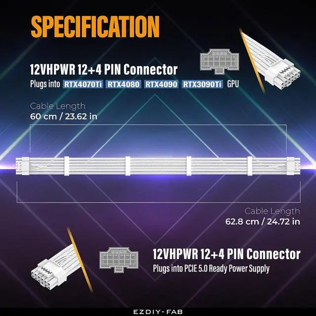 Alt view image 7 of 7 - White 18AWG PSU Cable Extension Kit 4PIN/8PIN to 6+2Pin/ 8PIN to 4+4PIN Combo with 16AWG 600W12VHPWR 12+4Pin PSU Cable