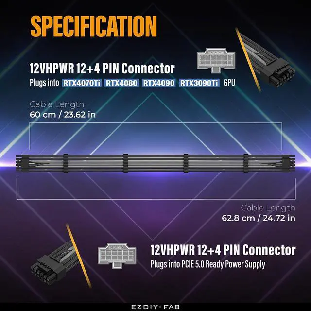 Alt view image 3 of 7 - 12VHPWR PSU Sleeved Cable, 12V-2x6, 600W, 60cm, Black Grey