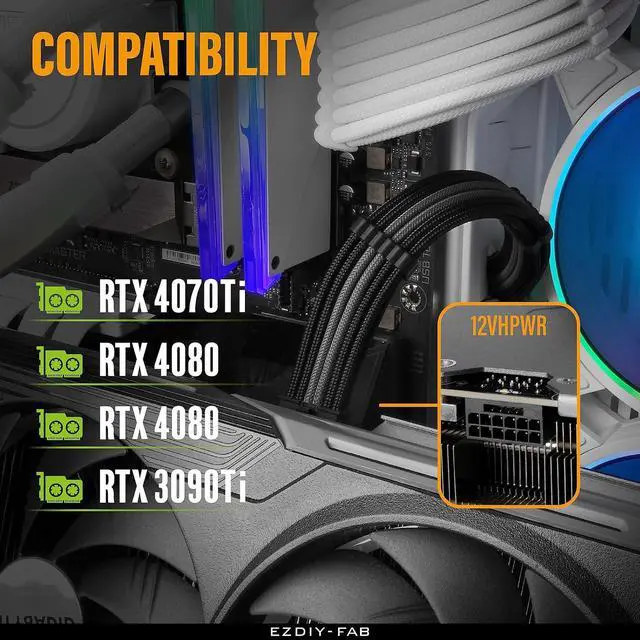 Alt view image 6 of 7 - 12VHPWR PSU Sleeved Cable, 12V-2x6, 600W, 60cm, Black Grey