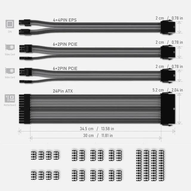 Alt view image 2 of 6 - PSU Cable Extension Kit, 18AWG, ATX/EPS/PCIe, 30cm, Black Grey