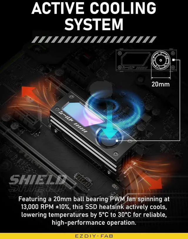 Alt view image 5 of 7 - Shield ARGB M.2 2280 SSD Heatsink, Built-in 20mm PWM Fan, Black