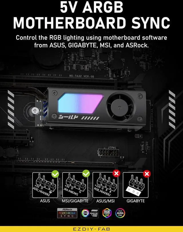 Alt view image 7 of 7 - Shield ARGB M.2 2280 SSD Heatsink, Built-in 20mm PWM Fan, Black