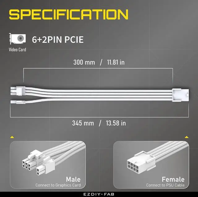 Alt view image 2 of 7 - PCIe 8-Pin GPU Extension Cable, Female to 6+2 Male, 30cm, White