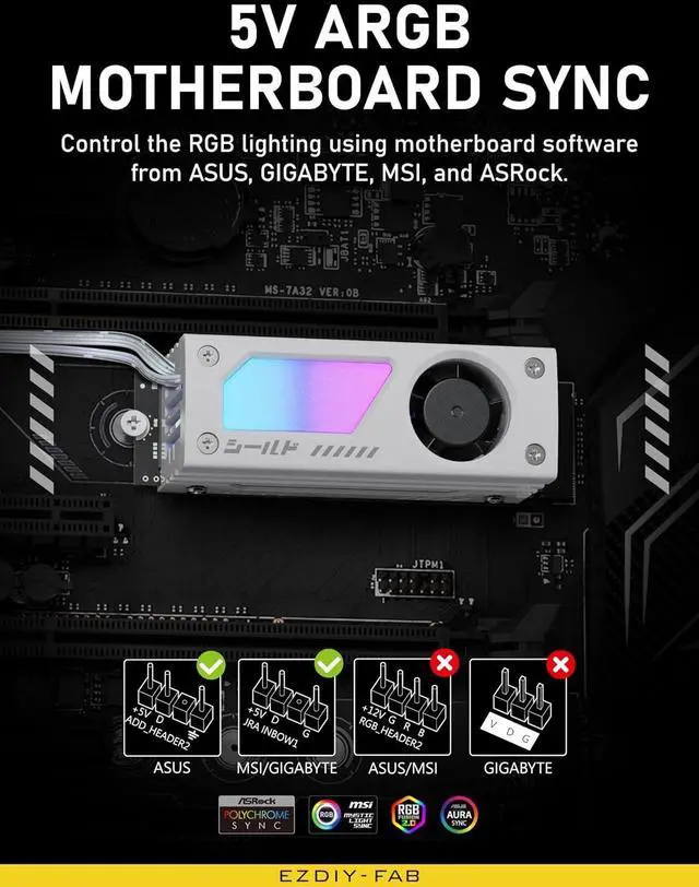 Alt view image 7 of 7 - Shield ARGB M.2 2280 SSD Heatsink, Built-in 20mm PWM Fan, White