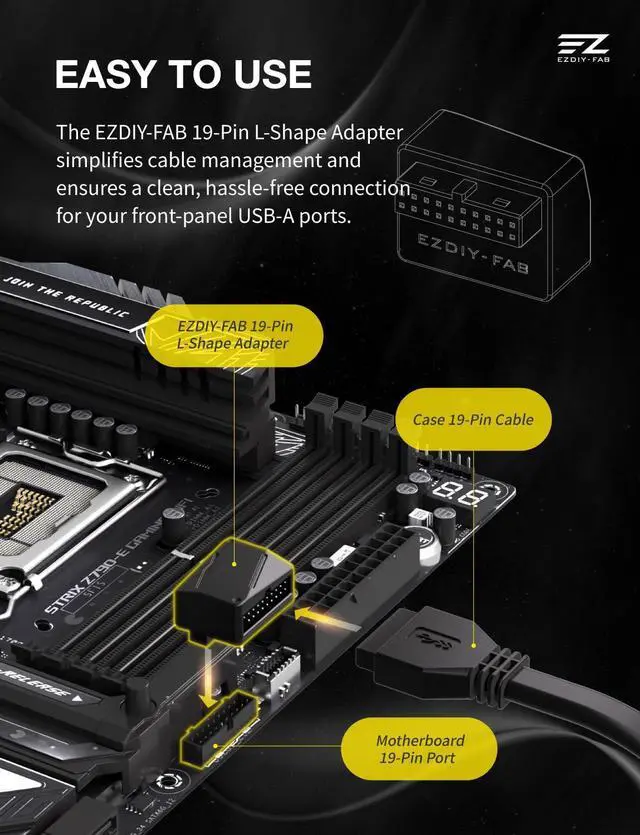 Alt view image 3 of 7 - USB 3.2 Gen 1 19-Pin 90 Degree L-Shape Adapter, Motherboard USB 3.0 Internal Header Adapter,19-Pin /20-Pin Male to Female Converter for Front Panel USB-A, Black -STD