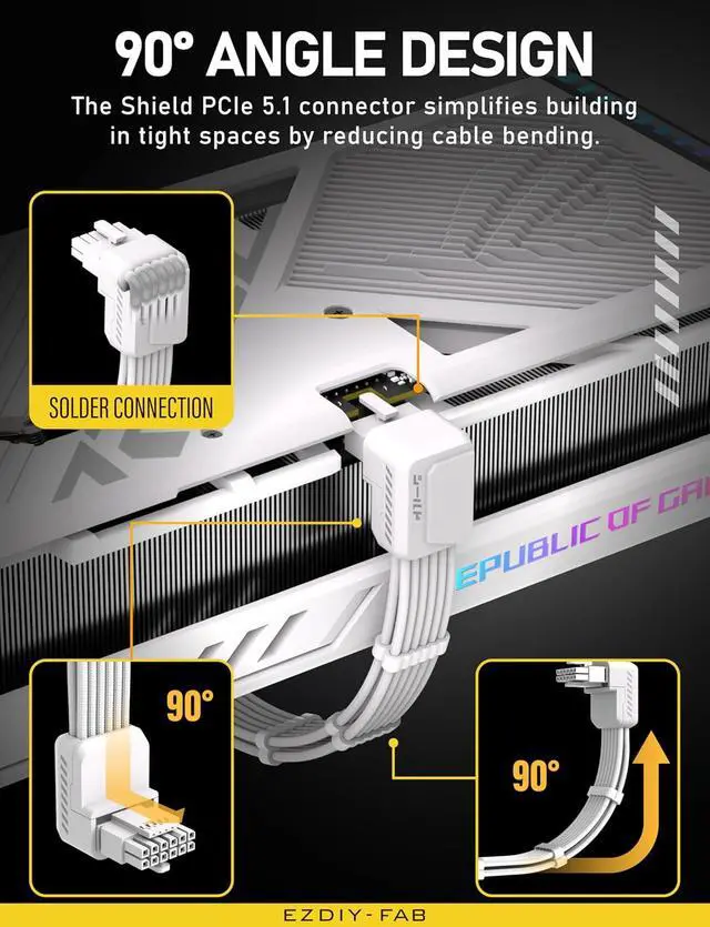 Alt view image 5 of 7 - Shield PCIe 5.1 12V-2x6 90° GPU Extension Cable, White, STD