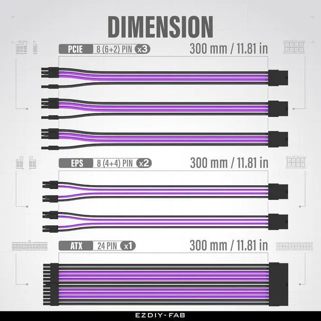 Alt view image 2 of 7 - 16AWG PSU Extension Kit, 300MM, 24-Pin/2xEPS/3xPCIe, Black Purple
