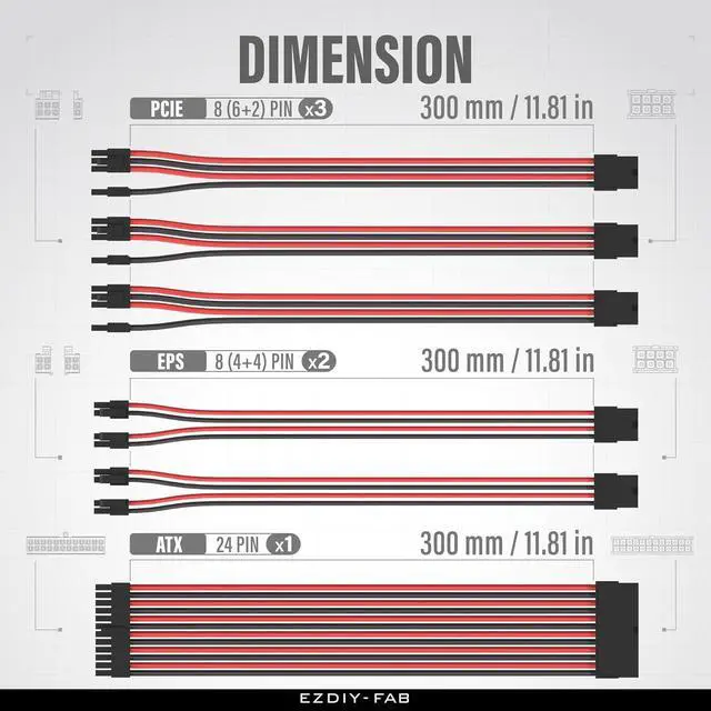 Alt view image 2 of 7 - 16AWG PSU Extension Kit, 300MM, 24-Pin/2xEPS/3xPCIe, Black Red