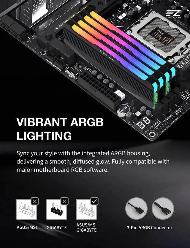 Alt view image 7 of 7 - RH01 ARGB RAM Heatsink, DDR4/DDR5 Memory Cooler, 2-Pack, Black