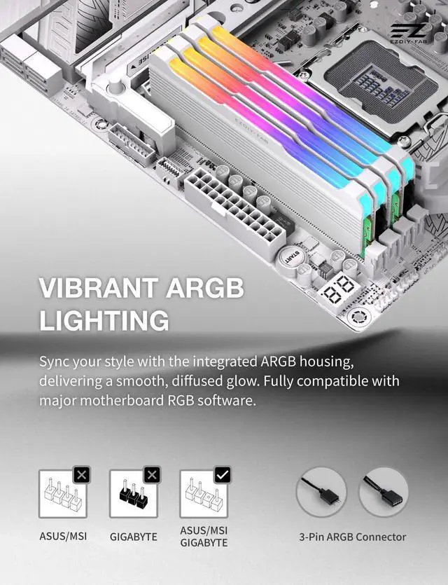 Alt view image 7 of 7 - RH01 ARGB RAM Heatsink, DDR4/DDR5 Memory Cooler, 1-Pack, White