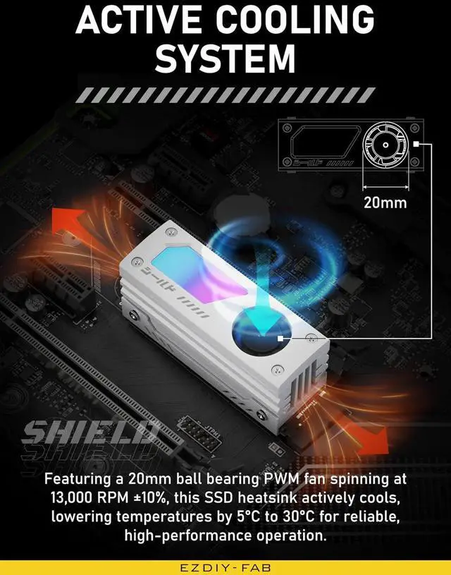 Alt view image 5 of 7 - Shield ARGB M.2 2280 SSD Heatsink, Built-in 20mm PWM Fan, White