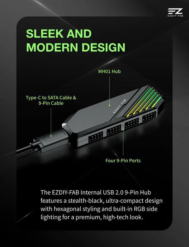 Alt view image 2 of 7 - MH01 Internal USB 2.0 9-Pin Hub, 4-Port Header Expansion, Black