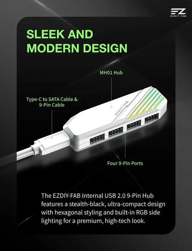 Alt view image 2 of 7 - MH01 Internal USB 2.0 9-Pin Hub, 4-Port Header Expansion, White