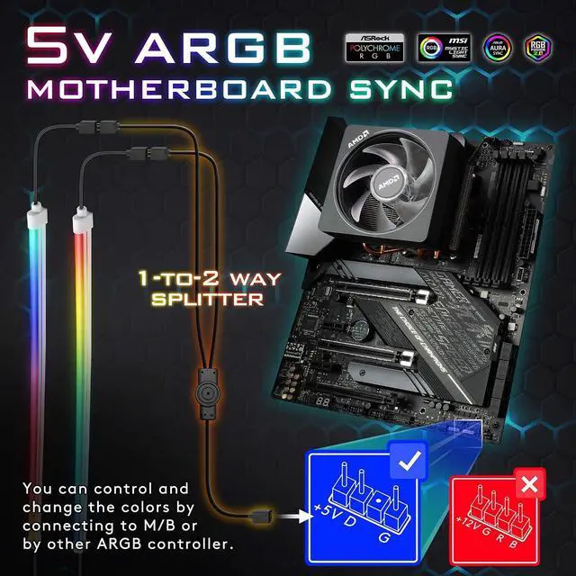 Alt view image 4 of 7 - Premium LED Strip Kit for PC 5V ARGB Motherboard Sync,Upgraded with 3-Kinds Mounting Clips-2X 400mm Smooth Lighting Strip