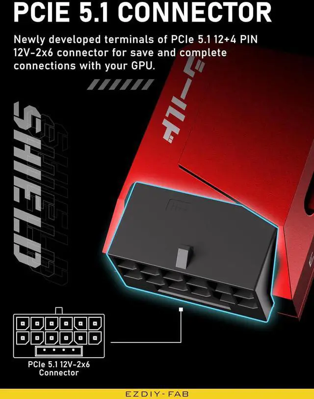 Alt view image 6 of 7 - PCIe 5.1 Adapter - 600W 12+4pin,16pin 12VHPWR GPU Power Connector,12V-2x6 GPU Adapter,90 Degree Right Angle - Compatible with RTX 3090Ti, 4070Ti, 4080, 4090 GPU - STD Type, Red, 1 Pack