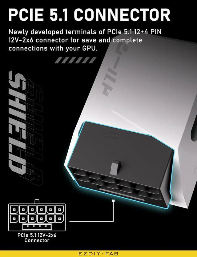 Alt view image 6 of 7 - Shield ARGB 24-Pin 90 Degree Angle Adapter White with Shield 12VHPWR 12+4 GPU Power Adapter,Reverse Type -White