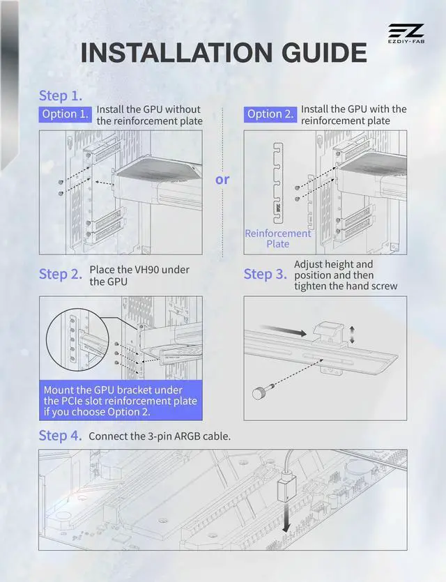 Alt view image 4 of 7 - VH90 ARGB GPU Bracket, Adjustable Anti-Sag Graphics Card Holder with Precision Rail & Lift System, Reinforced Design, 5V 3-Pin Motherboard Sync, White