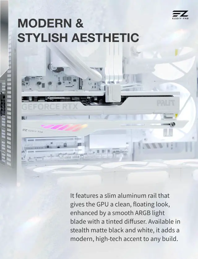 Alt view image 2 of 7 - VH90 ARGB GPU Bracket, Adjustable Anti-Sag Graphics Card Holder with Precision Rail & Lift System, Reinforced Design, 5V 3-Pin Motherboard Sync, White