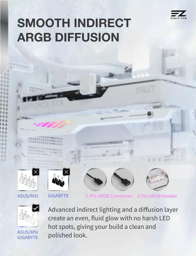 Alt view image 7 of 7 - VH90 ARGB GPU Bracket, Adjustable Anti-Sag Graphics Card Holder with Precision Rail & Lift System, Reinforced Design, 5V 3-Pin Motherboard Sync, White