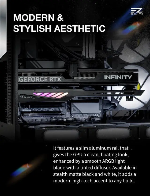 Alt view image 2 of 7 - VH90 ARGB GPU Bracket, Adjustable Anti-Sag Graphics Card Holder with Precision Rail & Lift System, Reinforced Design, 5V 3-Pin Motherboard Sync, Black