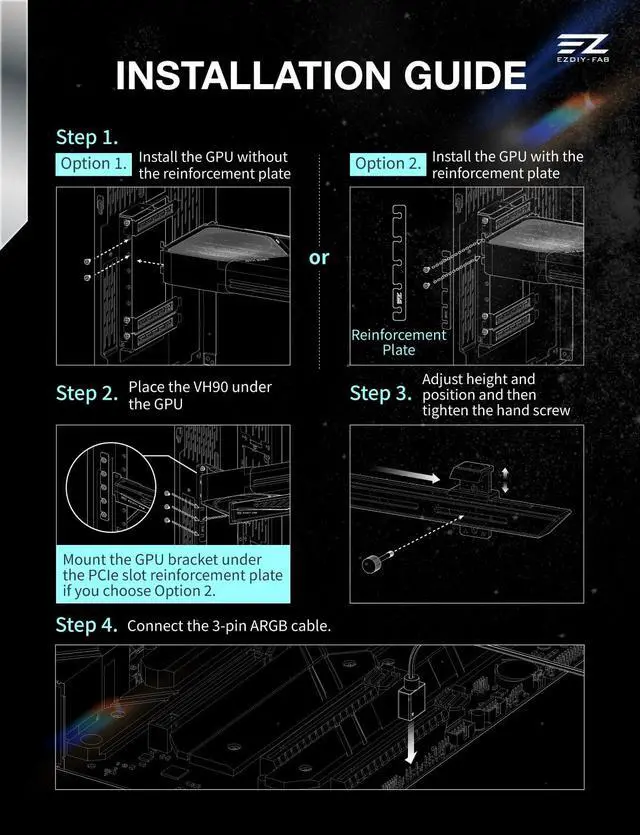 Alt view image 4 of 7 - VH90 ARGB GPU Bracket, Adjustable Anti-Sag Graphics Card Holder with Precision Rail & Lift System, Reinforced Design, 5V 3-Pin Motherboard Sync, Black
