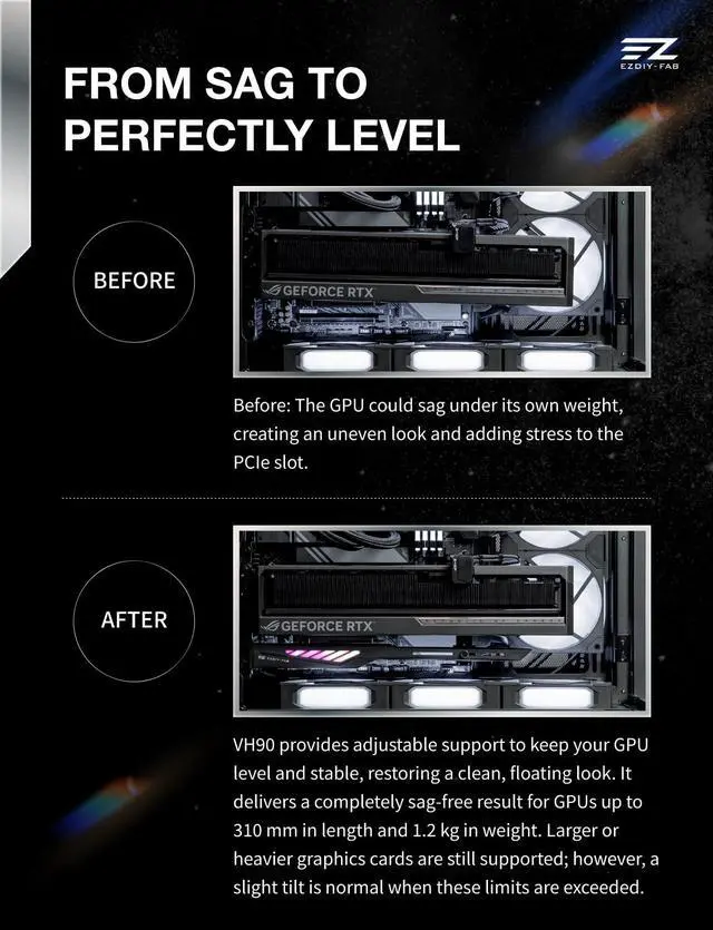 Alt view image 6 of 7 - VH90 ARGB GPU Bracket, Adjustable Anti-Sag Graphics Card Holder with Precision Rail & Lift System, Reinforced Design, 5V 3-Pin Motherboard Sync, Black