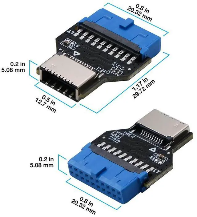 Alt view image 3 of 7 - USB 3.0 (USB3.1 Gen 2) Internal Header (19-Pin) to USB 3.1/3.2 Type-C (20-Pin) A-Key Front Panel 180 Degrees Adapter, Extend USB Type E Ports to PCs Front Panel USB Ports