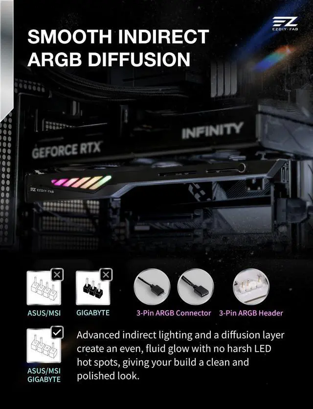 Alt view image 7 of 7 - VH90 ARGB GPU Bracket, Adjustable Anti-Sag Graphics Card Holder with Precision Rail & Lift System, Reinforced Design, 5V 3-Pin Motherboard Sync, Black