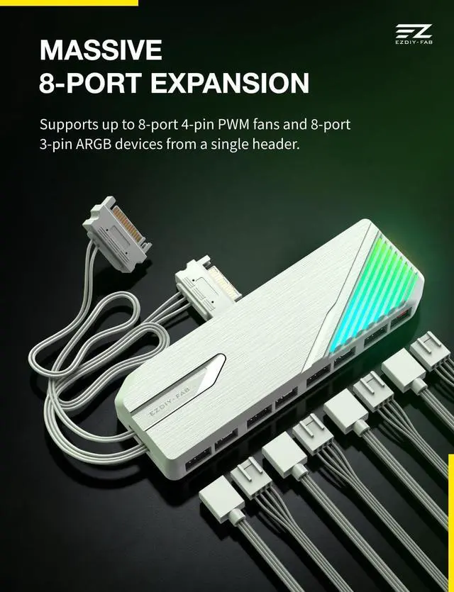 Alt view image 3 of 7 - FH01 8-Port ARGB PWM Fan Hub with Remote, Dual SATA Cables, White